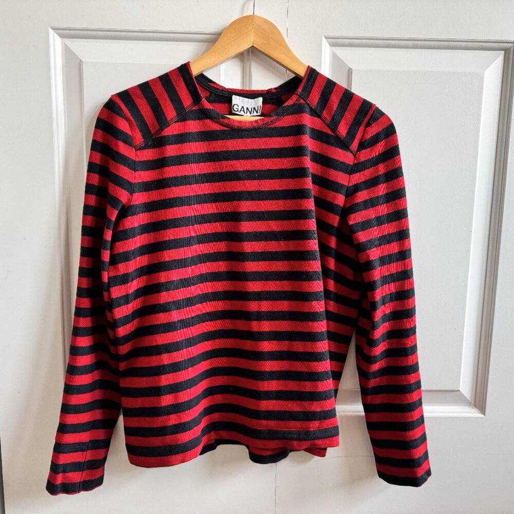 Ganni Striped Long-sleeve T-shirt in Red Cotton